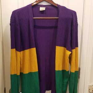 Striped Mardi Gras Open Cardigan / Button up sweater Purple Green and Gold XL